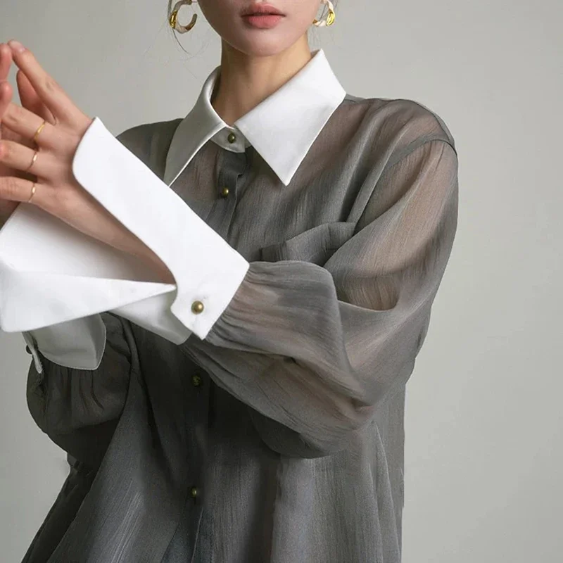 프랑스 럭셔리 빈티지 시스루 쉬폰 셔츠 여성 그레이 루 - Luxury Lifestyle Women 리뷰 및 가격