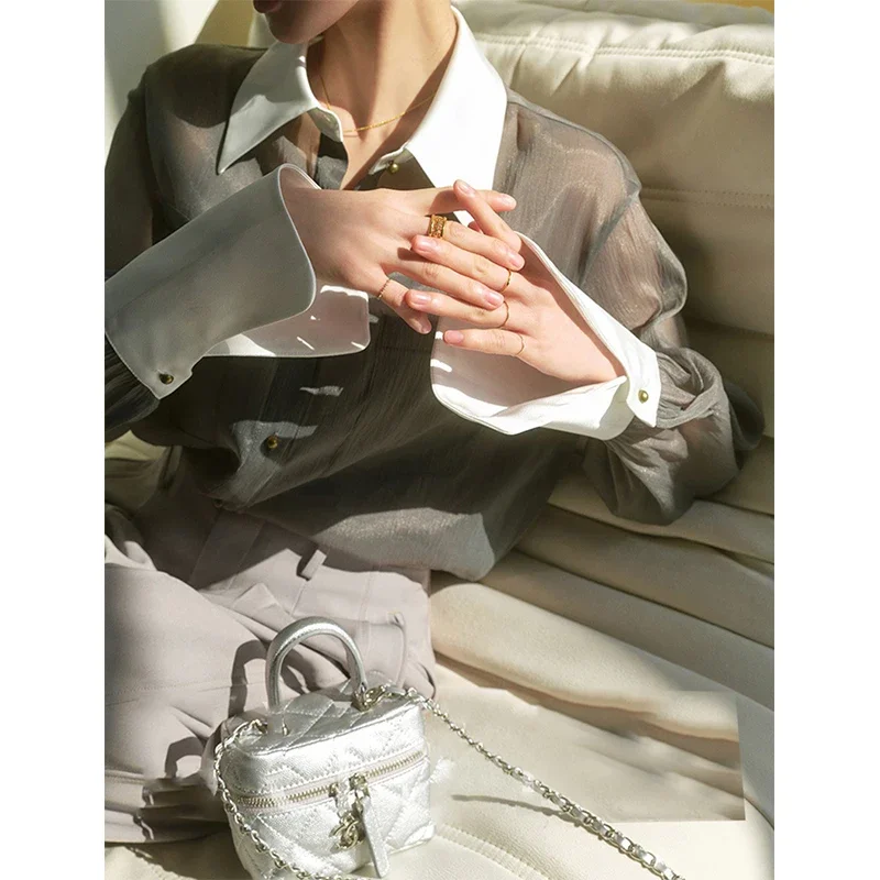 프랑스 럭셔리 빈티지 시스루 쉬폰 셔츠 여성 그레이 루 - Luxury Lifestyle Women 리뷰 및 가격